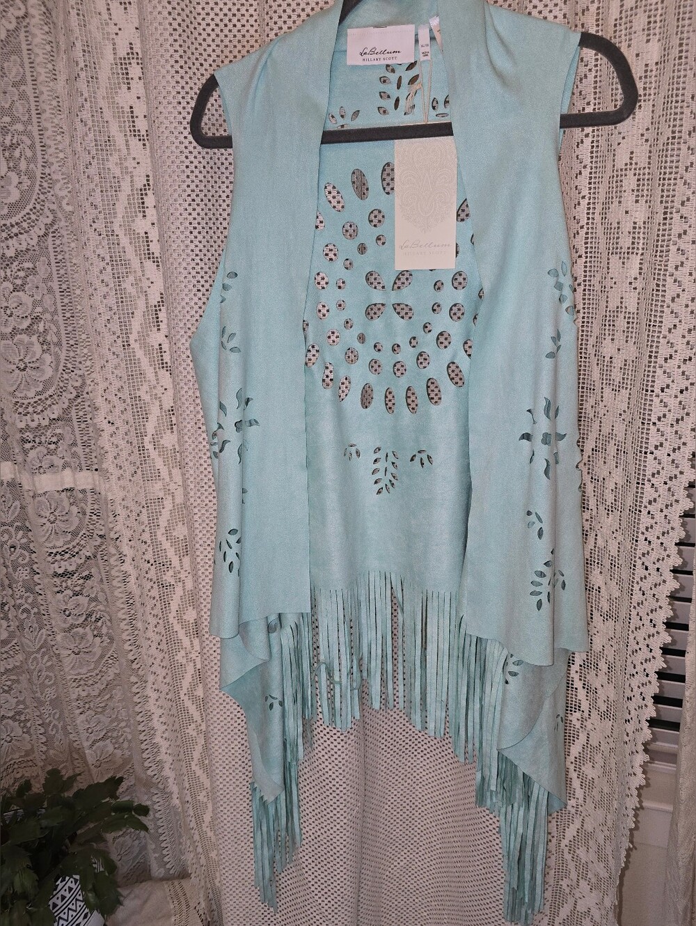 LaBellum Hillary Scott Sage Faux Suede Vest Cardigan With Fringe NWT XL/1X